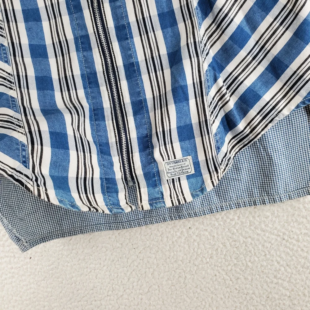 Vtg Levis Shirt Mens M Blue White Plaid Check 3/4 Sleeves Full Zip